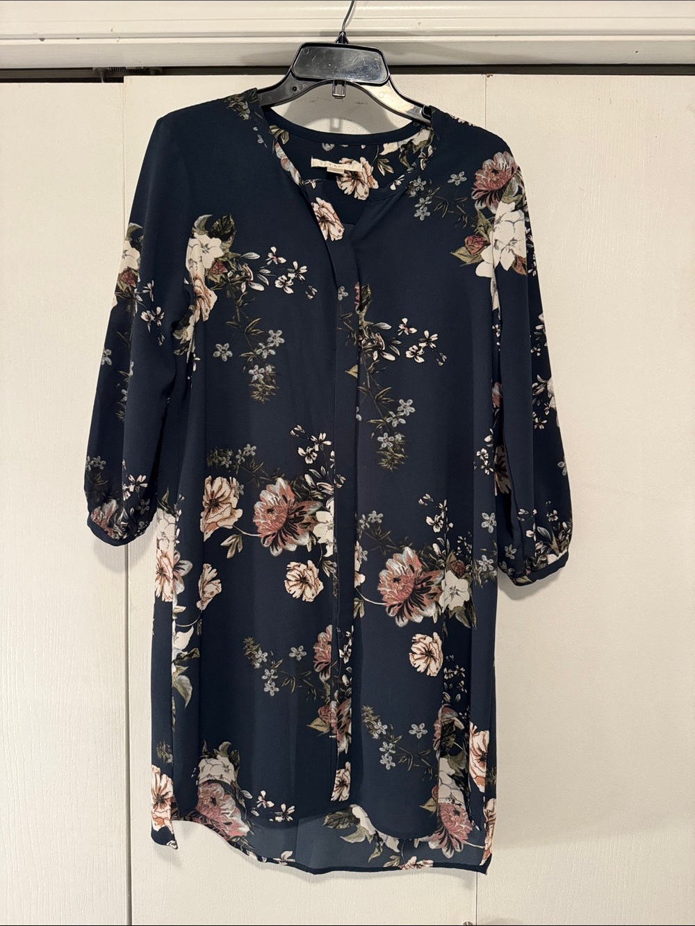 Navy Floral Midi Dress with 3/4 sleeves